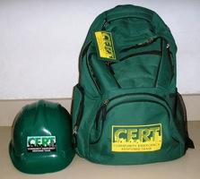 CERT helmet and backpack